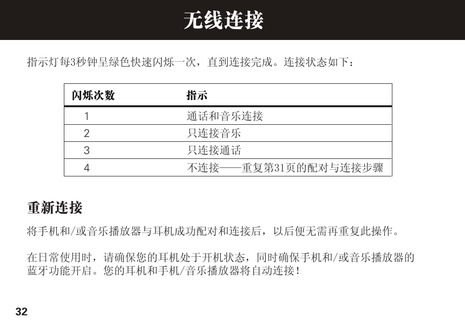 无线连接, 重新连接 | Motorola S305 User Manual | Page 33 / 82