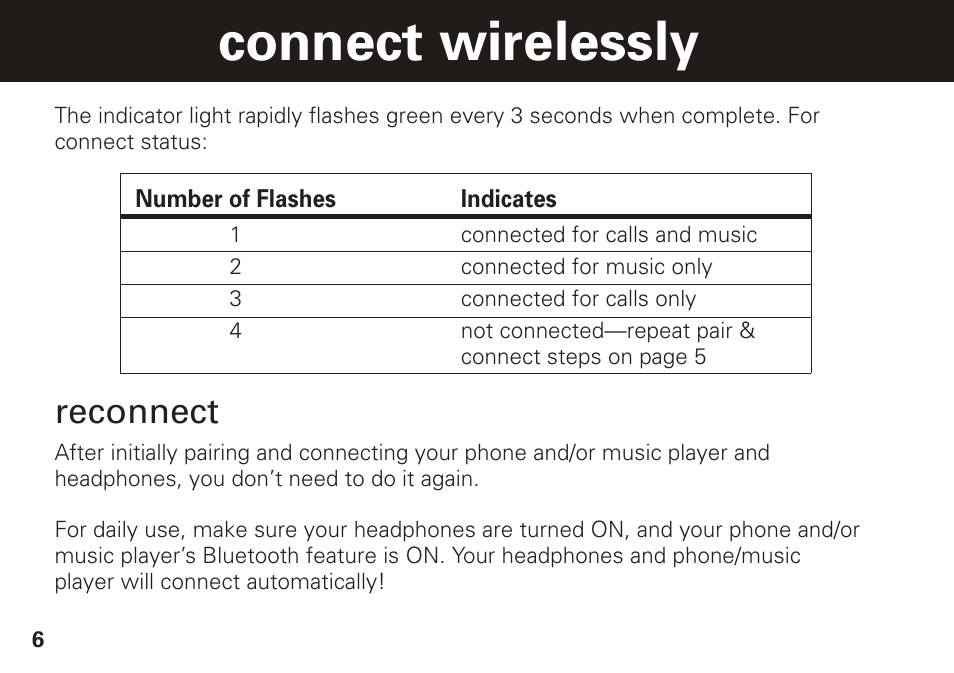 Connect wirelessly, Reconnect | Motorola S305 User Manual | Page 7 / 82