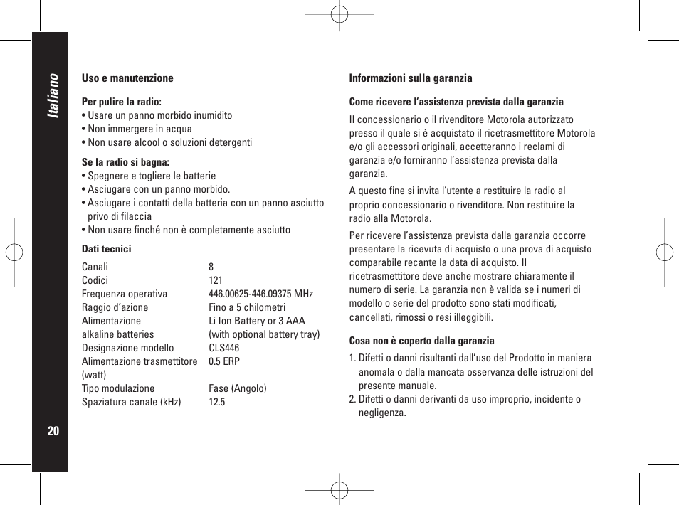 Italiano | Motorola PMR446 User Manual | Page 110 / 134