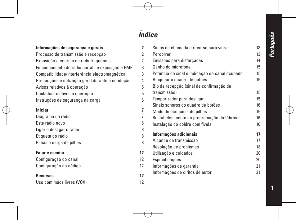 Índice, Português | Motorola PMR446 User Manual | Page 113 / 134