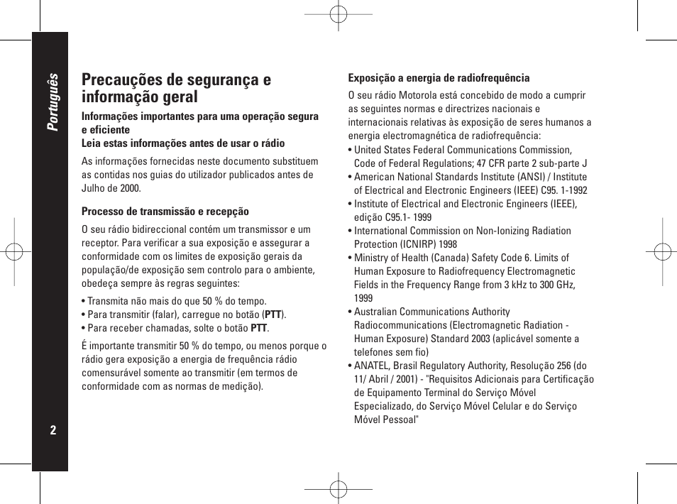 Precauções de segurança e informação geral, Português | Motorola PMR446 User Manual | Page 114 / 134