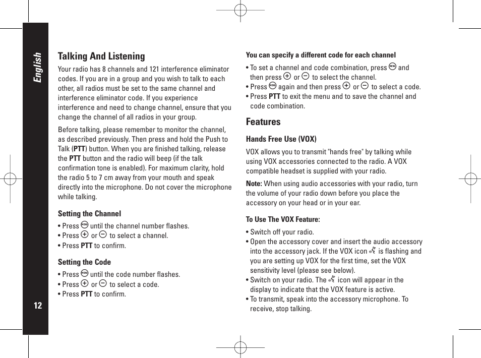 English talking and listening, Features | Motorola PMR446 User Manual | Page 12 / 134