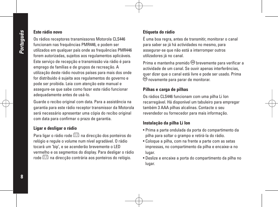 Português | Motorola PMR446 User Manual | Page 120 / 134