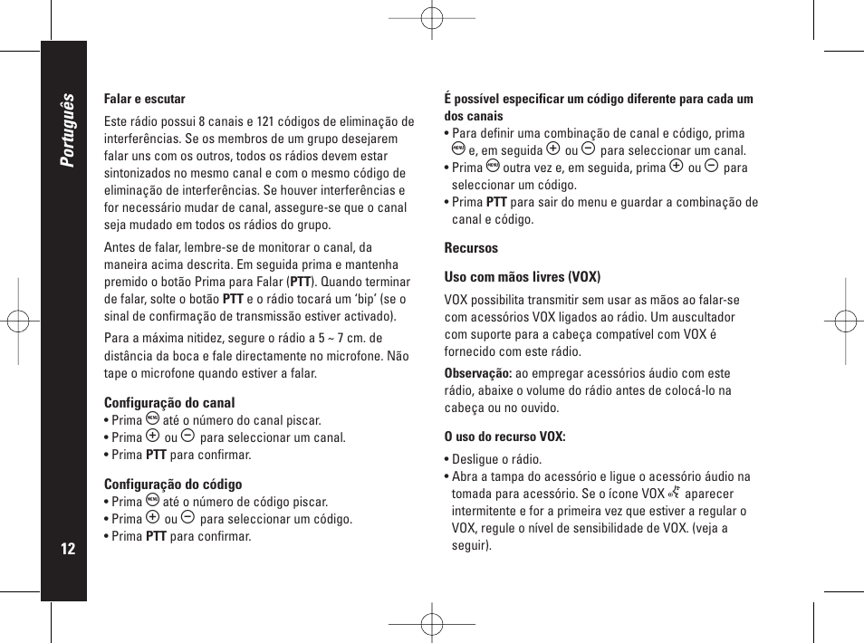 Português | Motorola PMR446 User Manual | Page 124 / 134