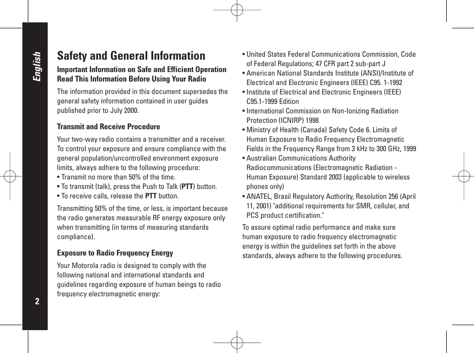 Safety and general information, English | Motorola PMR446 User Manual | Page 2 / 134