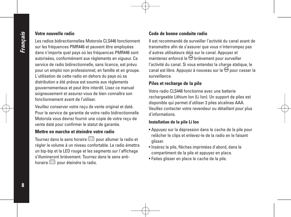 Français | Motorola PMR446 User Manual | Page 30 / 134