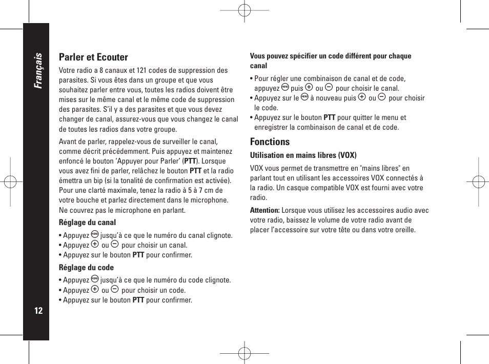 Français parler et ecouter, Fonctions | Motorola PMR446 User Manual | Page 34 / 134