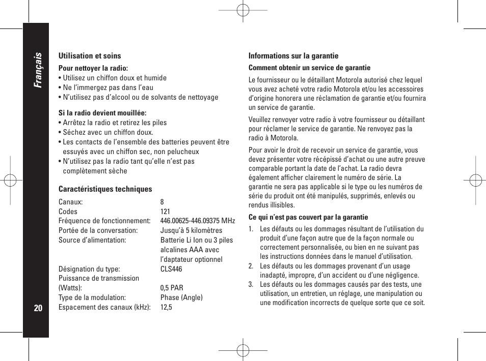 Français | Motorola PMR446 User Manual | Page 42 / 134