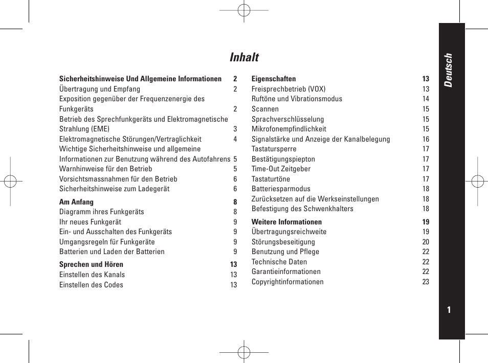 Inhalt, Deutsch | Motorola PMR446 User Manual | Page 45 / 134