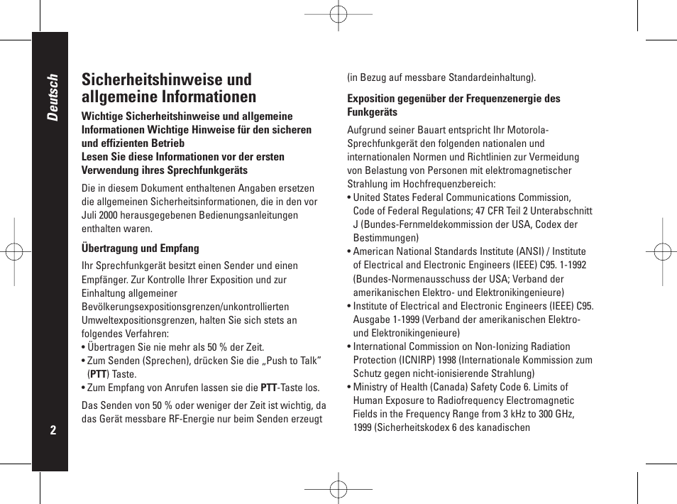 Sicherheitshinweise und allgemeine informationen, Deutsch | Motorola PMR446 User Manual | Page 46 / 134