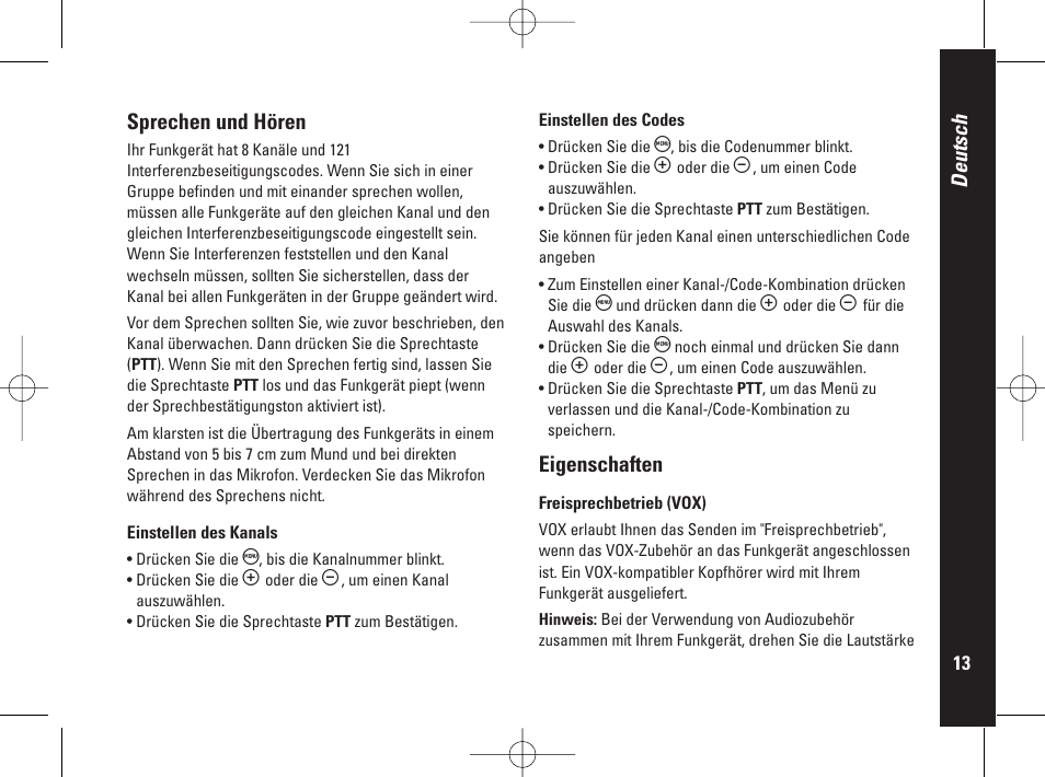 Deutsch, Sprechen und hören, Eigenschaften | Motorola PMR446 User Manual | Page 57 / 134