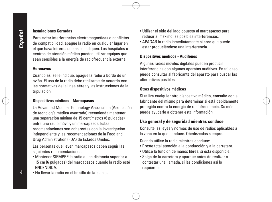 Español | Motorola PMR446 User Manual | Page 72 / 134