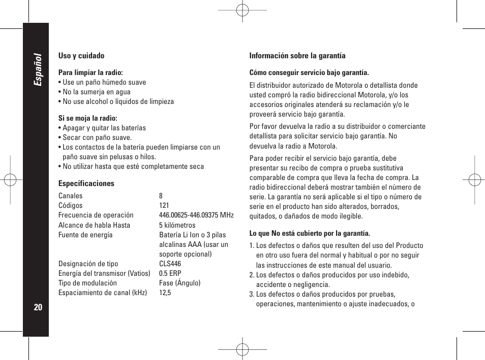 Español | Motorola PMR446 User Manual | Page 88 / 134