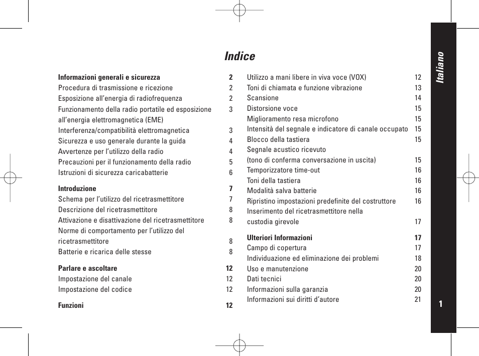 Indice, Italiano | Motorola PMR446 User Manual | Page 91 / 134