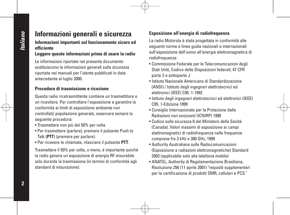 Informazioni generali e sicurezza, Italiano | Motorola PMR446 User Manual | Page 92 / 134