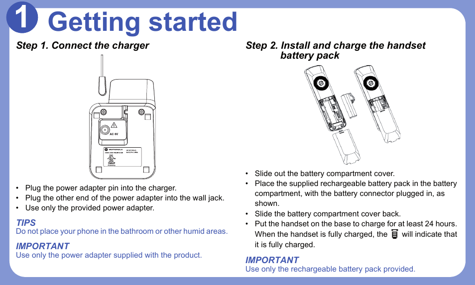 Getting started | Motorola DECT 6.0 P8 User Manual | Page 3 / 6