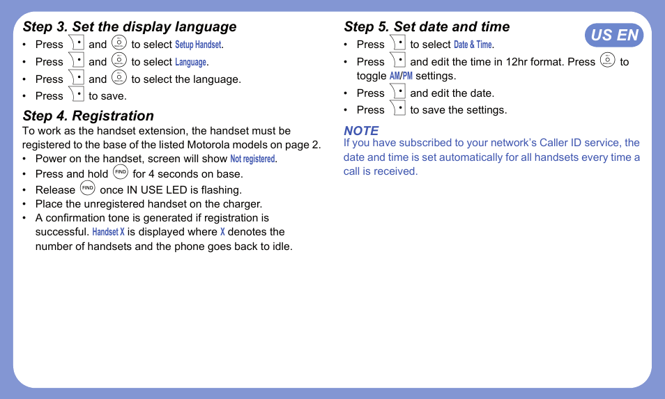 Step 3. set the display language, Step 4. registration, Step 5. set date and time | Motorola DECT 6.0 P8 User Manual | Page 4 / 6