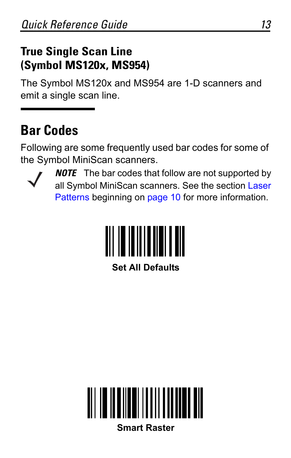 True single scan line (symbol ms120x, ms954), Bar codes | Motorola SYMBOL MS120XWA User Manual | Page 13 / 24