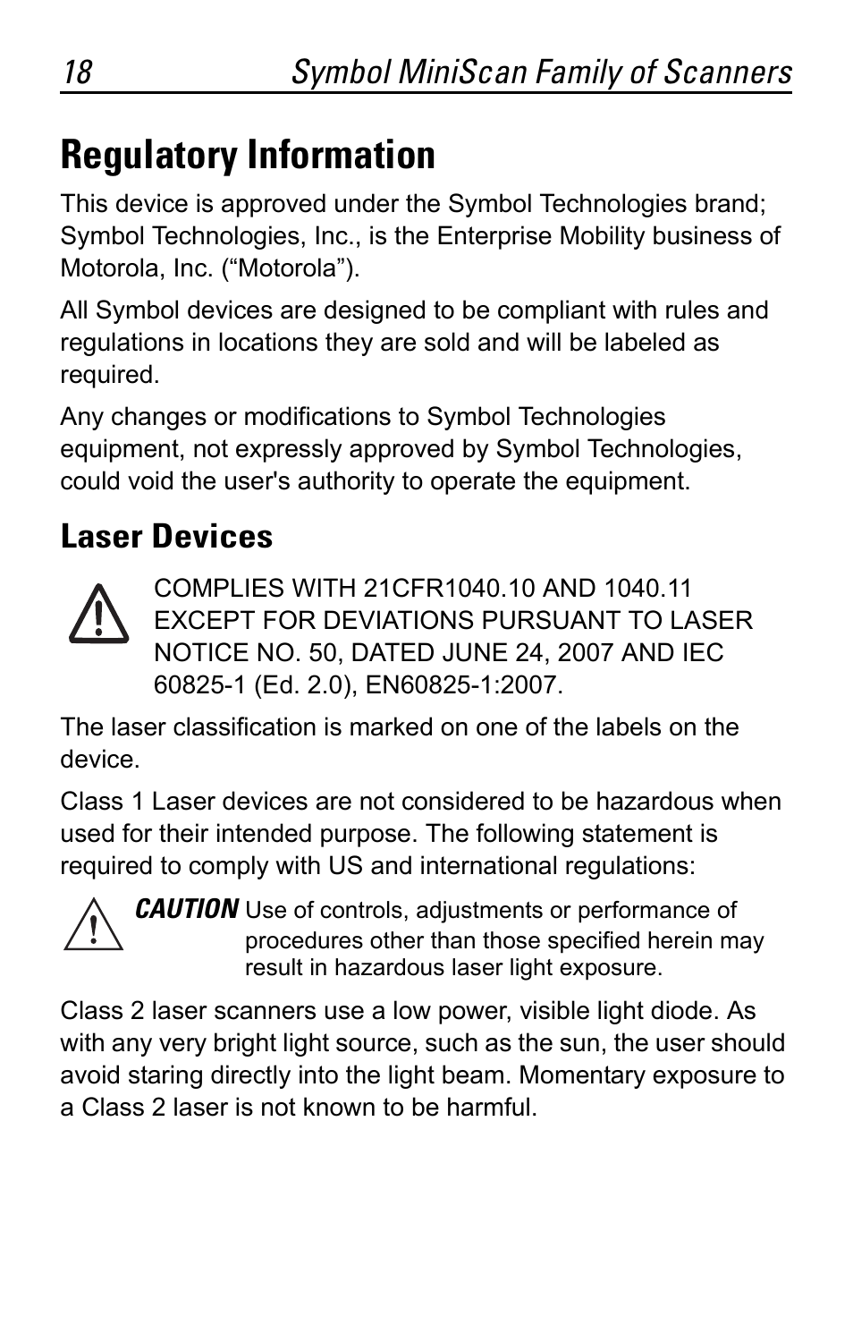 Regulatory information, Laser devices, 18 symbol miniscan family of scanners | Motorola SYMBOL MS120XWA User Manual | Page 18 / 24