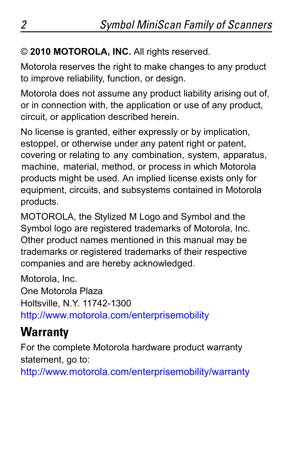 Warranty | Motorola SYMBOL MS120XWA User Manual | Page 2 / 24