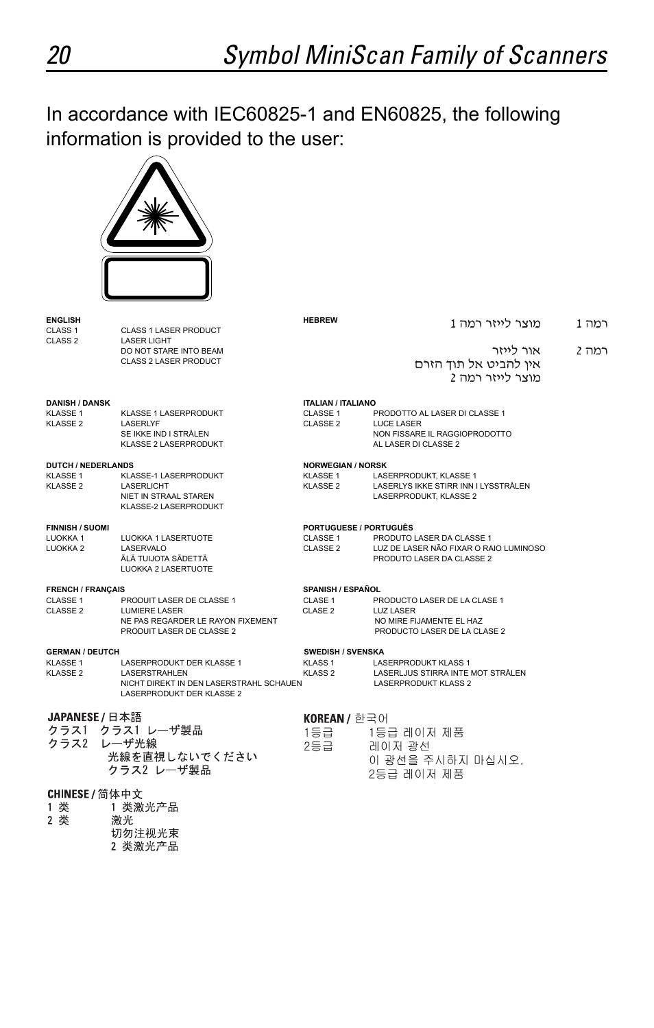 20 symbol miniscan family of scanners | Motorola SYMBOL MS120XWA User Manual | Page 20 / 24