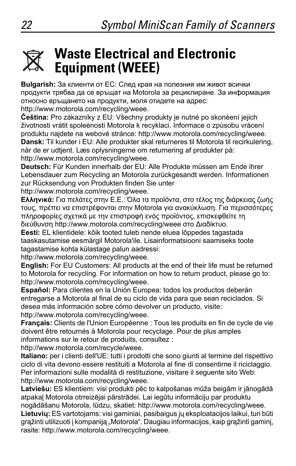 Waste electrical and electronic equipment (weee) | Motorola SYMBOL MS120XWA User Manual | Page 22 / 24