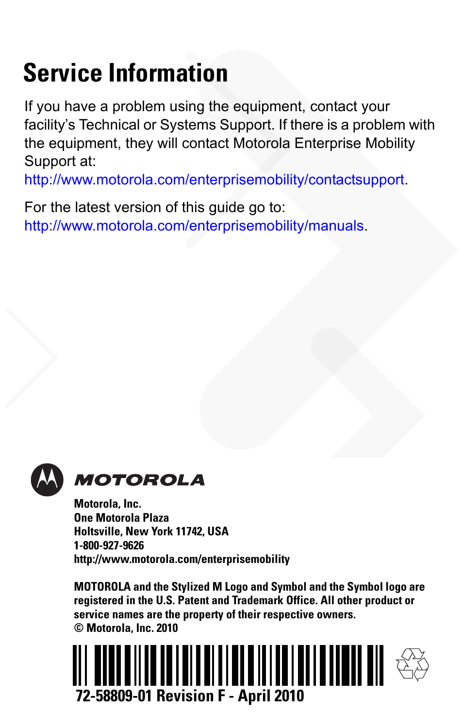 Service information | Motorola SYMBOL MS120XWA User Manual | Page 24 / 24