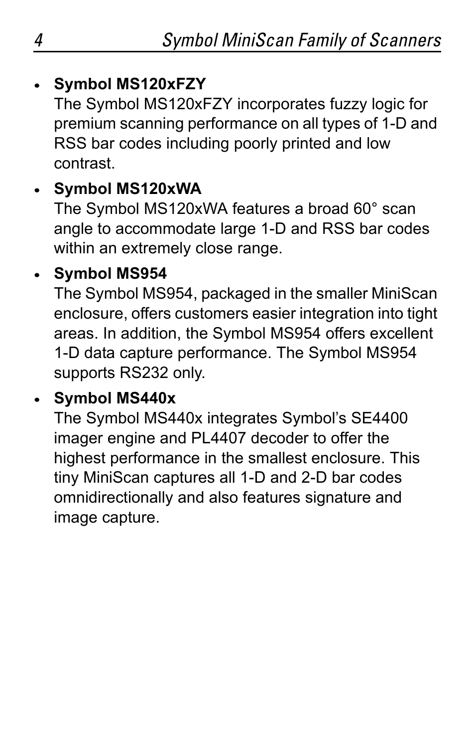 4symbol miniscan family of scanners | Motorola SYMBOL MS120XWA User Manual | Page 4 / 24