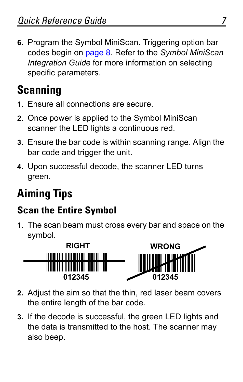 Scanning, Aiming tips, Scan the entire symbol | Quick reference guide 7 | Motorola SYMBOL MS120XWA User Manual | Page 7 / 24