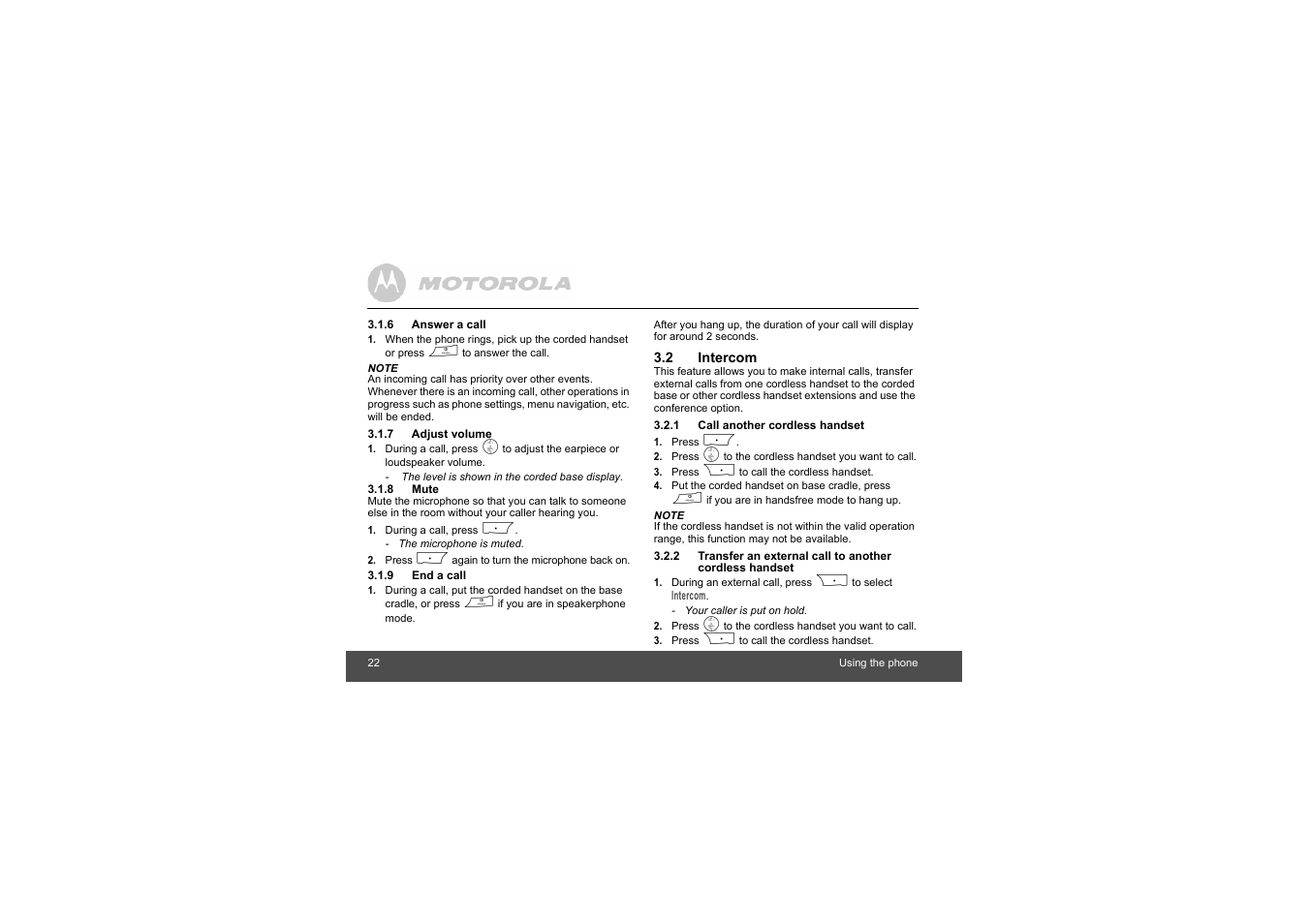 6 answer a call, 7 adjust volume, 8 mute | 9 end a call, 2 intercom, 1 call another cordless handset, 2 transfer an external call to another, Cordless handset | Motorola L403C User Manual | Page 22 / 64