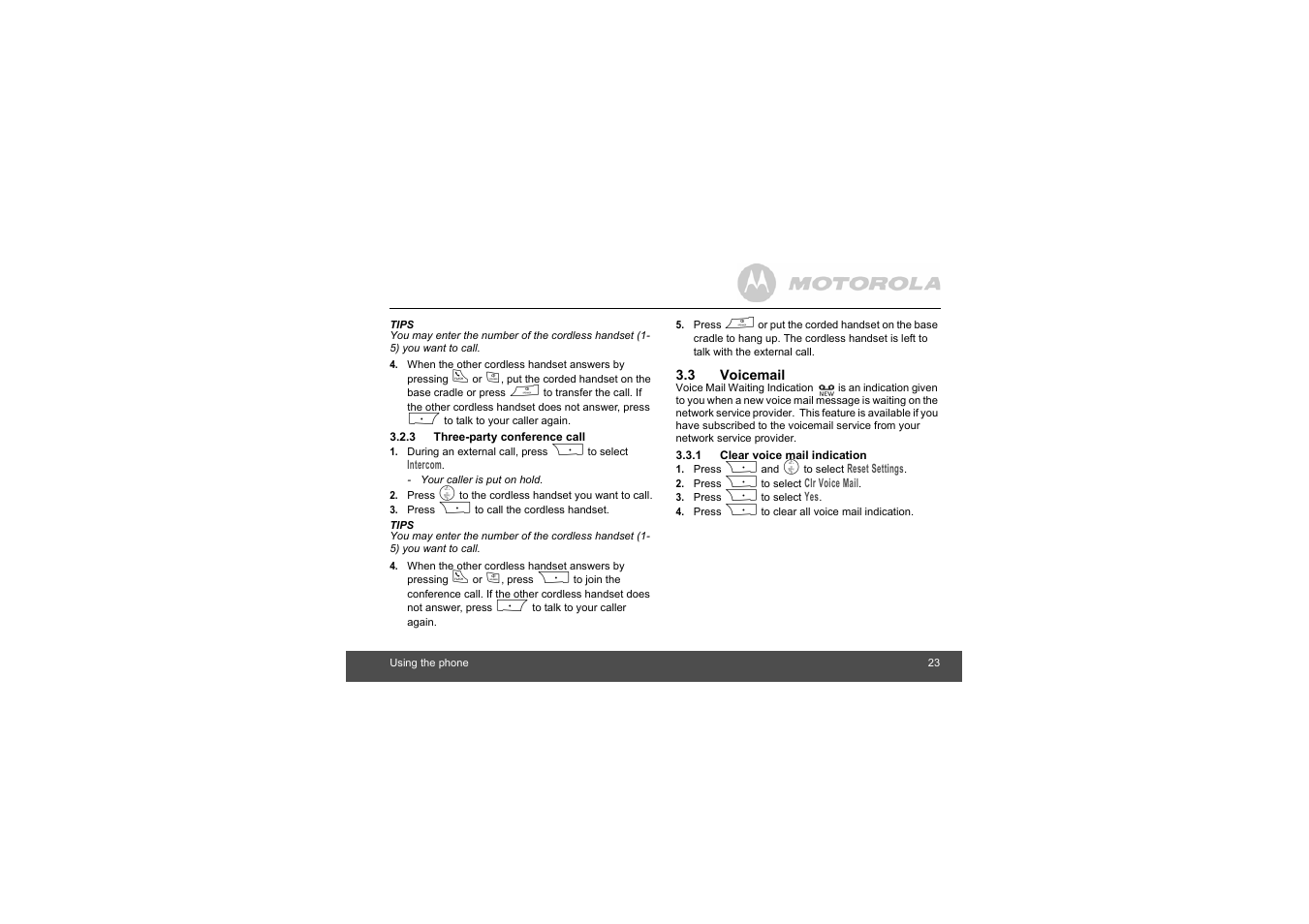 3 three-party conference call, 3 voicemail, 1 clear voice mail indication | Motorola L403C User Manual | Page 23 / 64