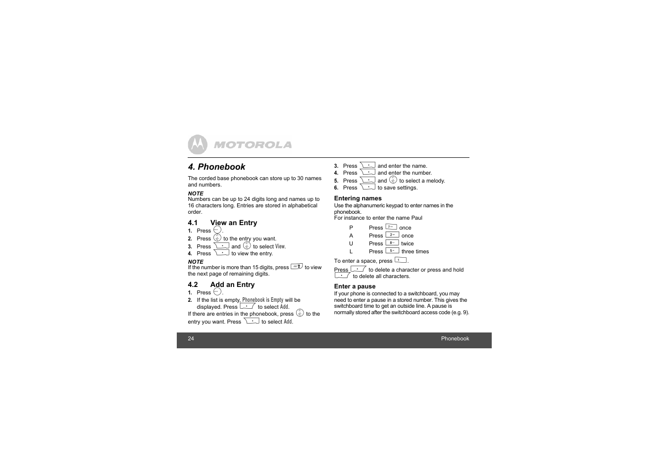 Phonebook, 1 view an entry, 2 add an entry | Motorola L403C User Manual | Page 24 / 64