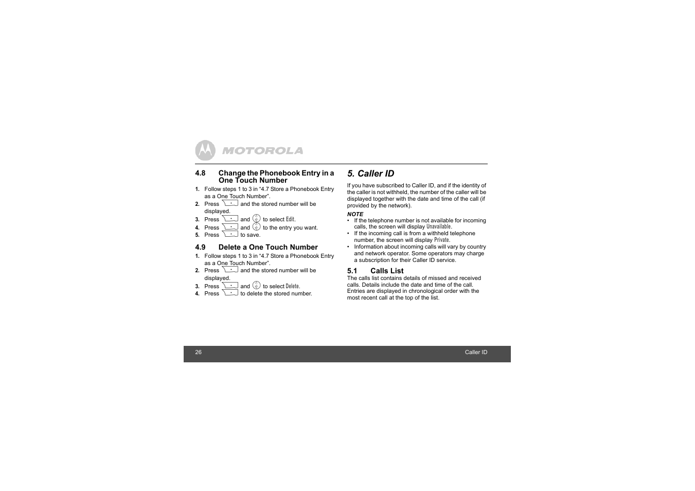 8 change the phonebook entry in a one touch number, 9 delete a one touch number, Caller id | 1 calls list, 8 change the phonebook entry in a one, Touch number | Motorola L403C User Manual | Page 26 / 64