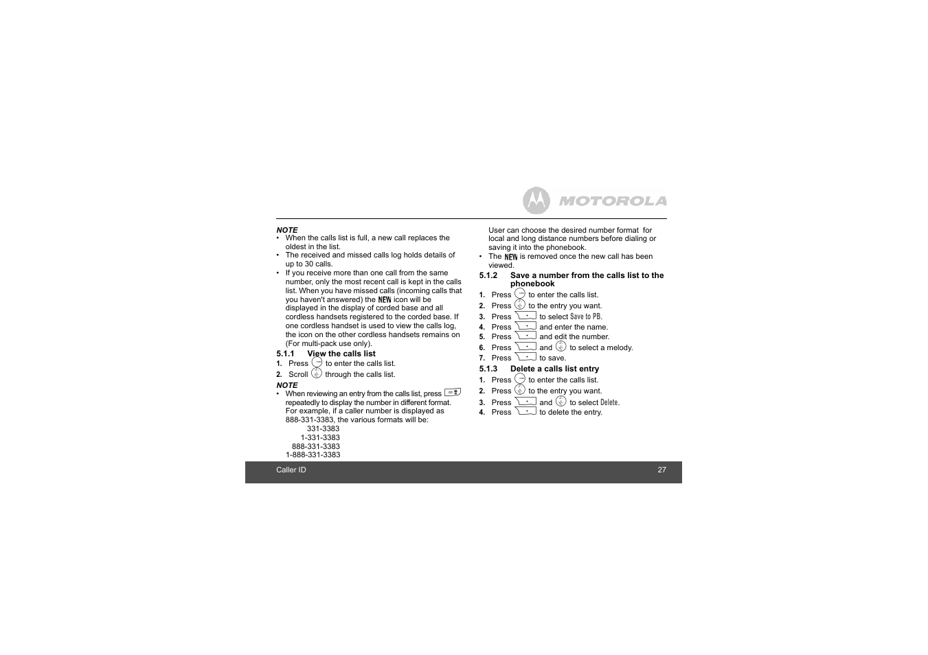 1 view the calls list, 3 delete a calls list entry, 2 save a number from the calls list | To the phonebook | Motorola L403C User Manual | Page 27 / 64