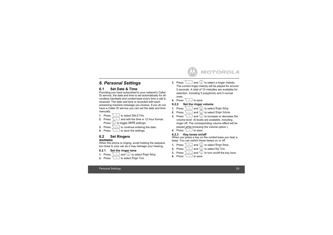 Personal settings, 1 set date & time, 2 set ringers | 1 set the ringer tone, 2 set the ringer volume, 3 key tones on/off, Key tones on/off | Motorola L403C User Manual | Page 29 / 64