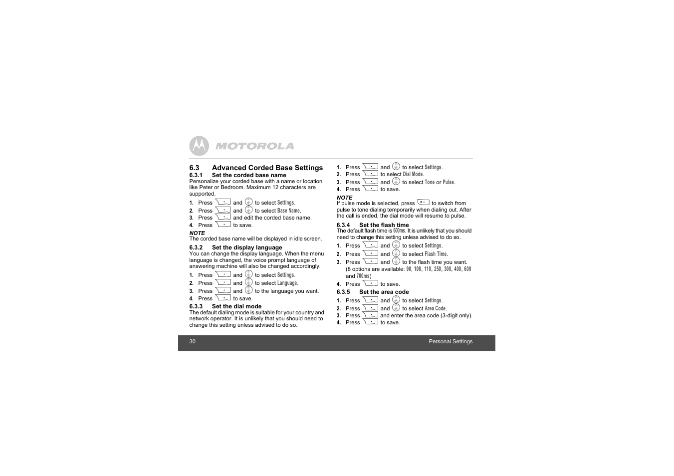 3 advanced corded base settings, 1 set the corded base name, 2 set the display language | 3 set the dial mode, 4 set the flash time, 5 set the area code | Motorola L403C User Manual | Page 30 / 64