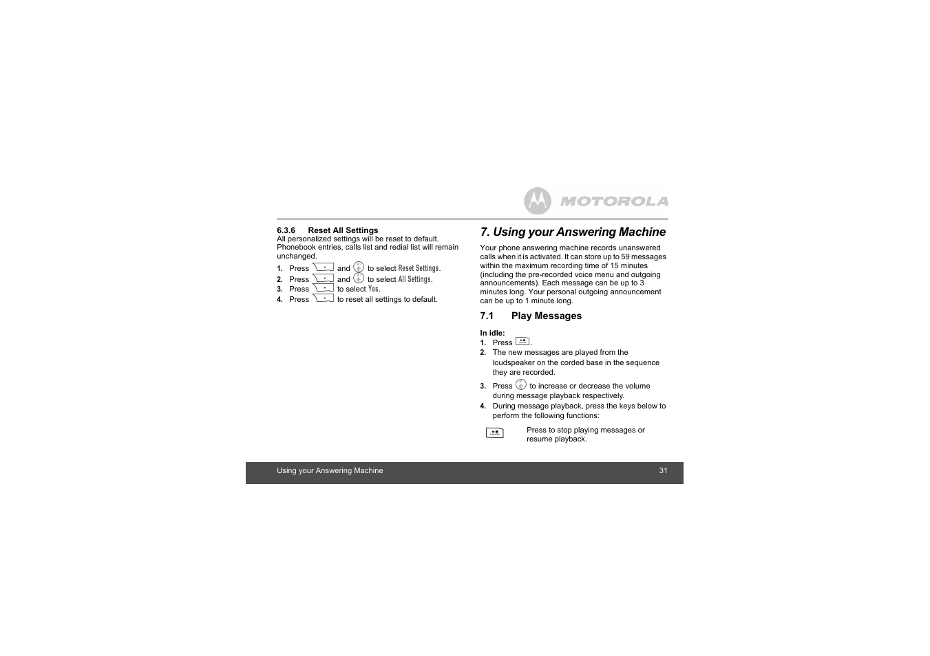 6 reset all settings, Using your answering machine, 1 play messages | Motorola L403C User Manual | Page 31 / 64