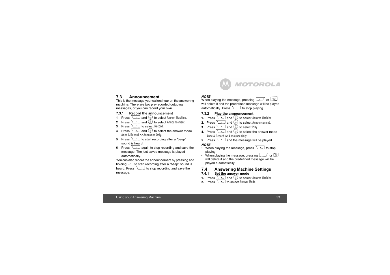 3 announcement, 1 record the announcement, 2 play the announcement | 4 answering machine settings, 1 set the answer mode | Motorola L403C User Manual | Page 33 / 64