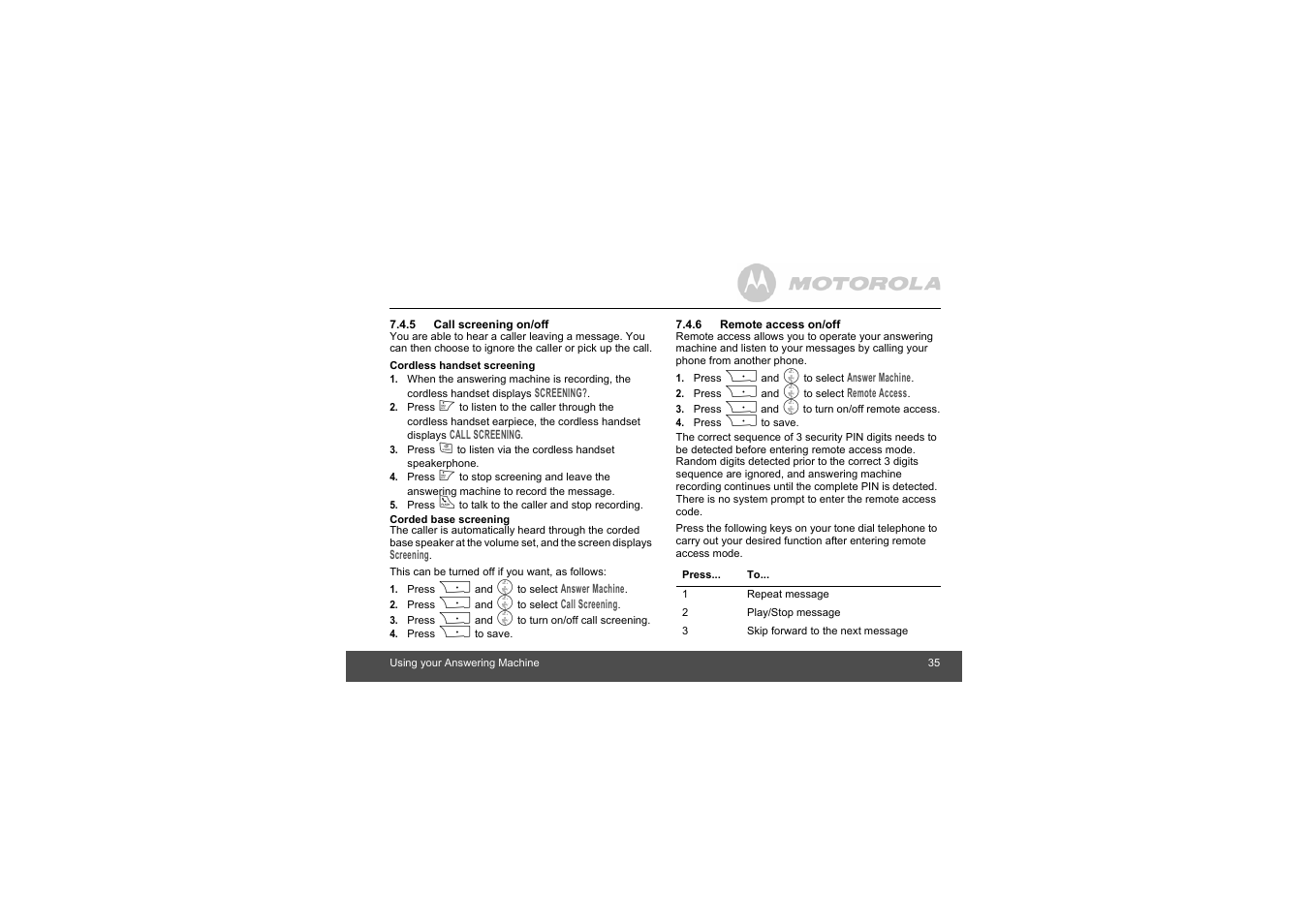 5 call screening on/off, 6 remote access on/off | Motorola L403C User Manual | Page 35 / 64