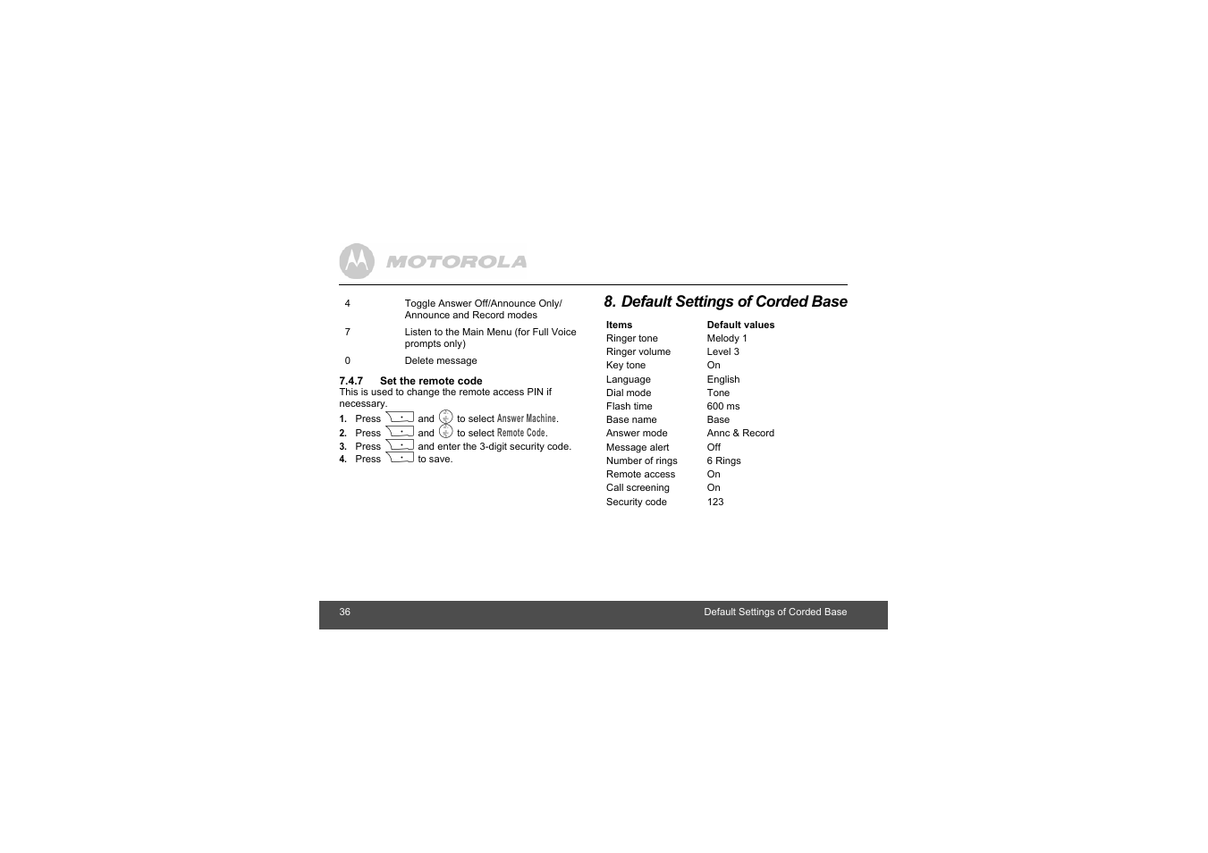 7 set the remote code, Default settings of corded base | Motorola L403C User Manual | Page 36 / 64