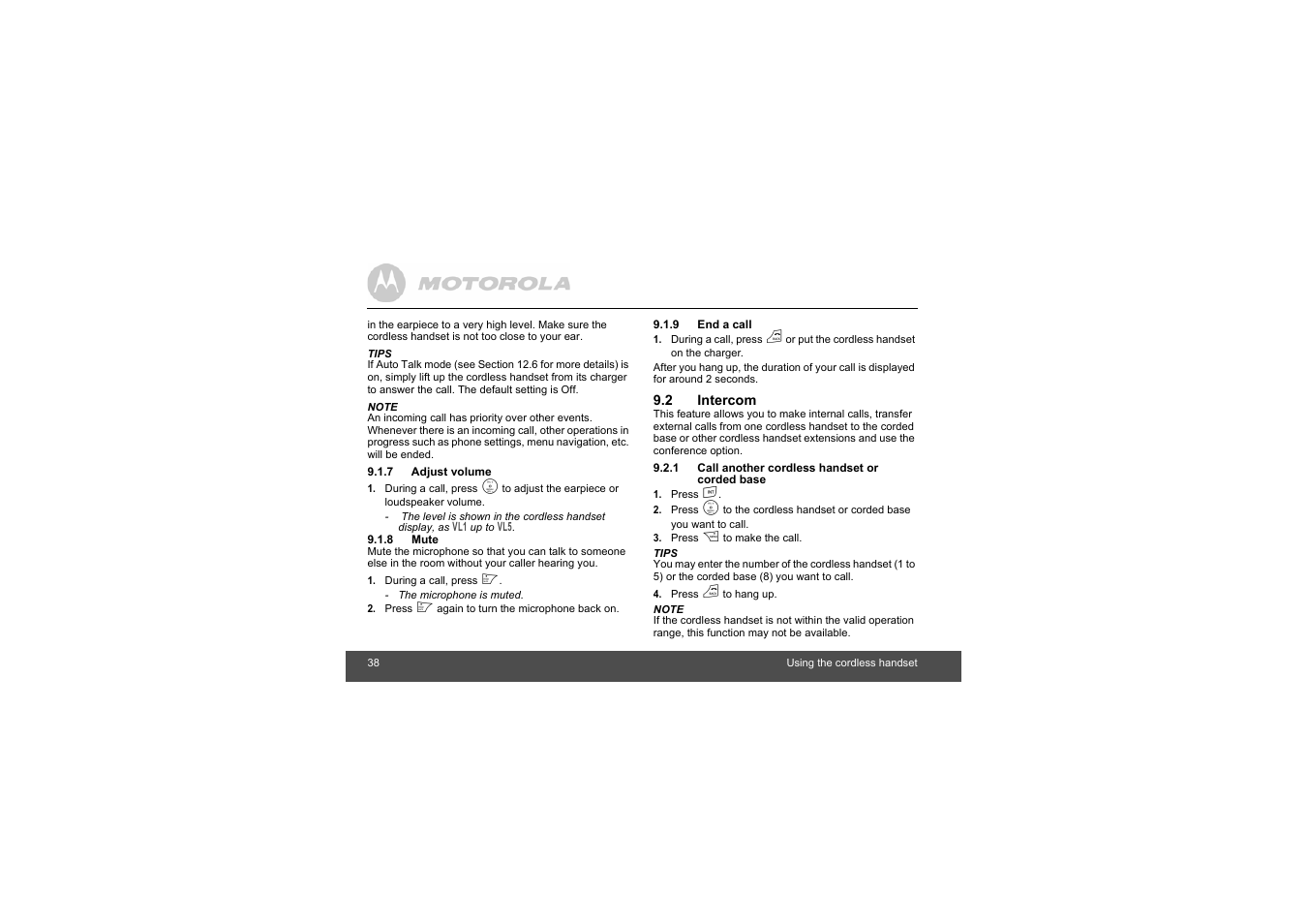 7 adjust volume, 8 mute, 9 end a call | 2 intercom, 1 call another cordless handset or corded base | Motorola L403C User Manual | Page 38 / 64