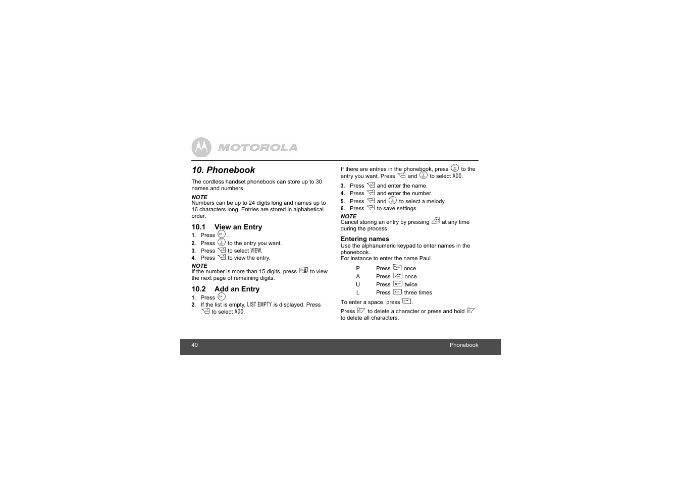 Phonebook, 1 view an entry, 2 add an entry | 1view an entry, 2add an entry | Motorola L403C User Manual | Page 40 / 64