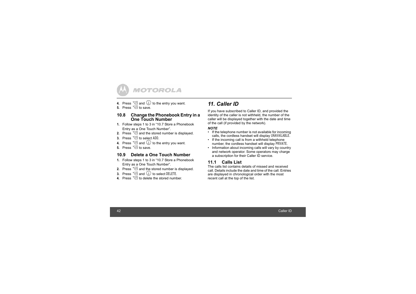 8 change the phonebook entry in a one touch number, 9 delete a one touch number, Caller id | 1 calls list, 8change the phonebook entry in a one, Touch number, Delete a one touch number, 1calls list | Motorola L403C User Manual | Page 42 / 64