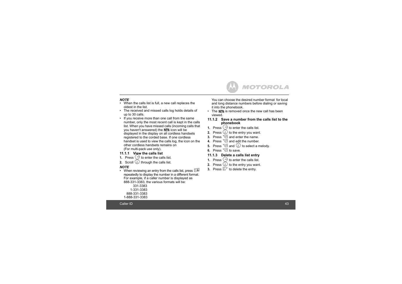 1 view the calls list, 3 delete a calls list entry, 2 save a number from the calls list | To the phonebook | Motorola L403C User Manual | Page 43 / 64