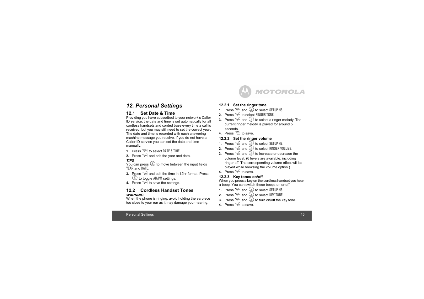 Personal settings, 1 set date & time, 2 cordless handset tones | 1 set the ringer tone, 2 set the ringer volume, 3 key tones on/off, 1set date & time, 2cordless handset tones | Motorola L403C User Manual | Page 45 / 64