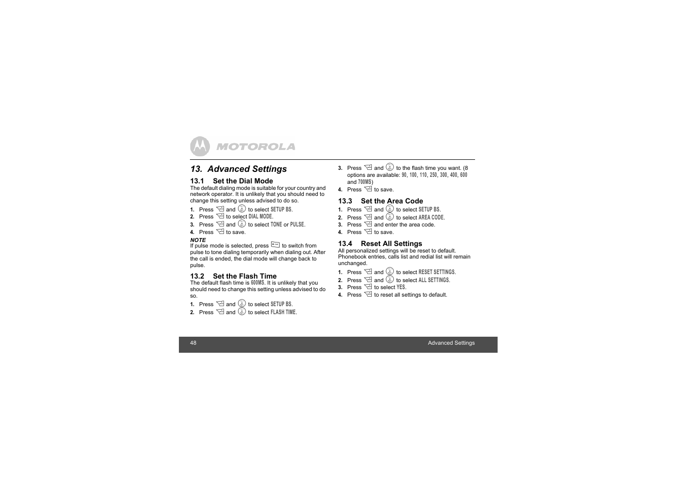 Advanced settings, 1 set the dial mode, 2 set the flash time | 3 set the area code, 4 reset all settings, 1set the dial mode, 2set the flash time, 3set the area code, 4reset all settings | Motorola L403C User Manual | Page 48 / 64