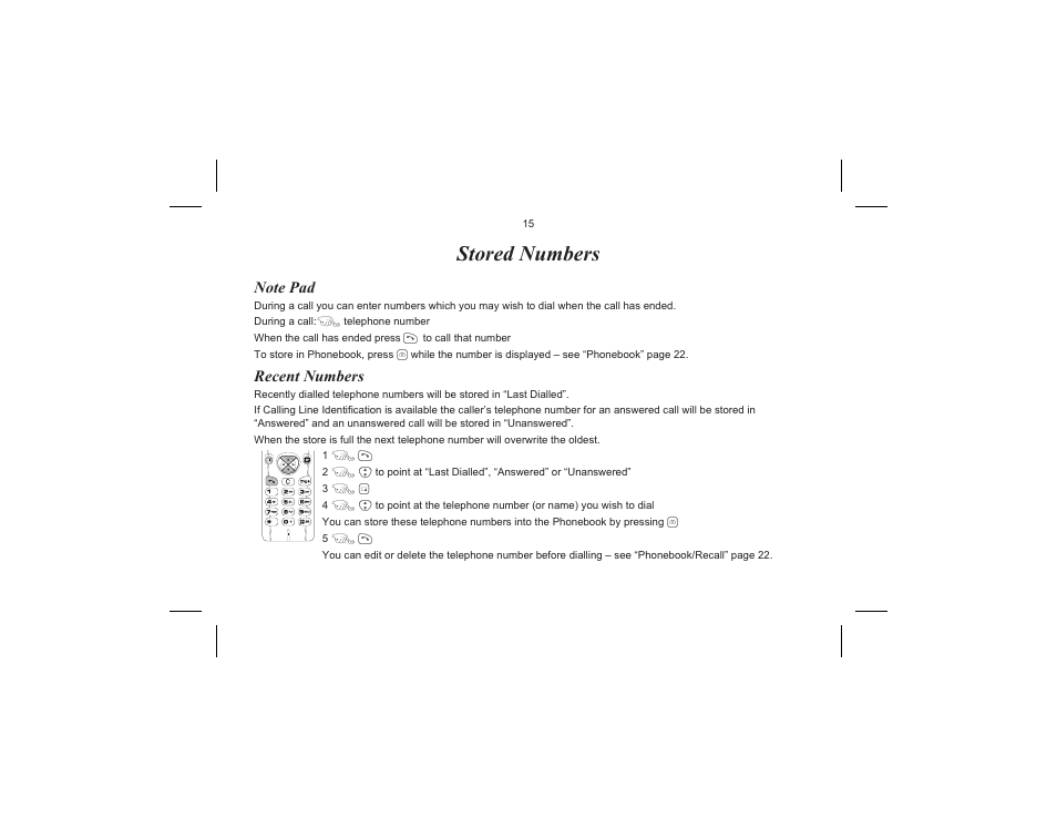 Stored numbers, Note pad, Recent numbers | Note pad, recent numbers | Motorola EB-GD70 User Manual | Page 18 / 40