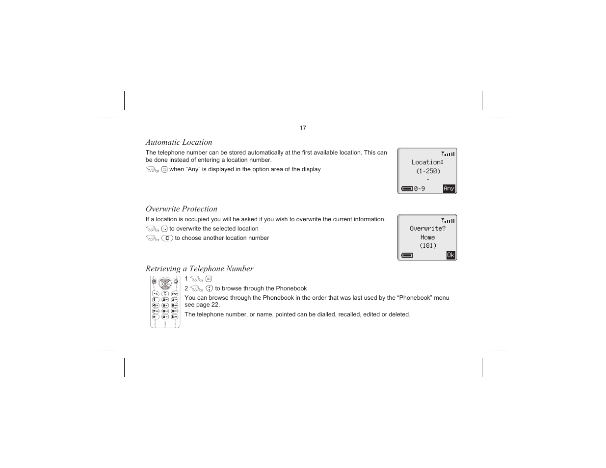 Automatic location, Overwrite protection, Retrieving a telephone number | Motorola EB-GD70 User Manual | Page 20 / 40