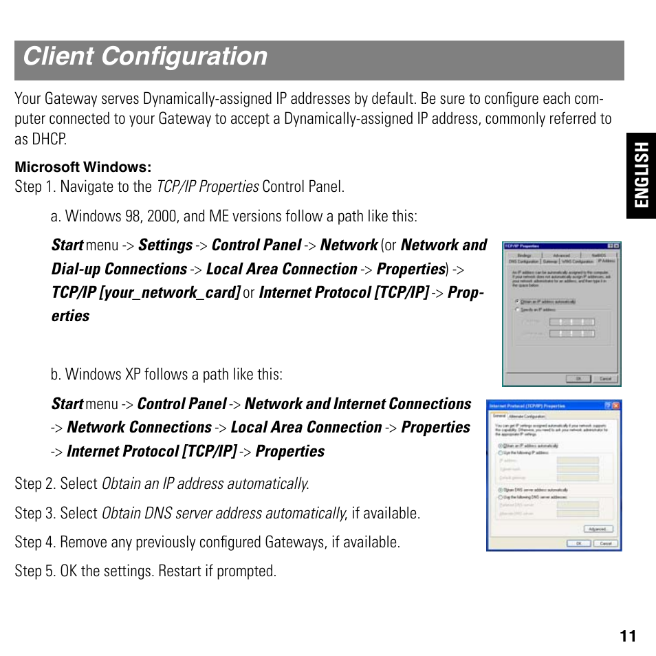 Client configuration, Microsoft windows, Client conﬁguration | Motorola NETOPIA 2247/57-62 User Manual | Page 11 / 22