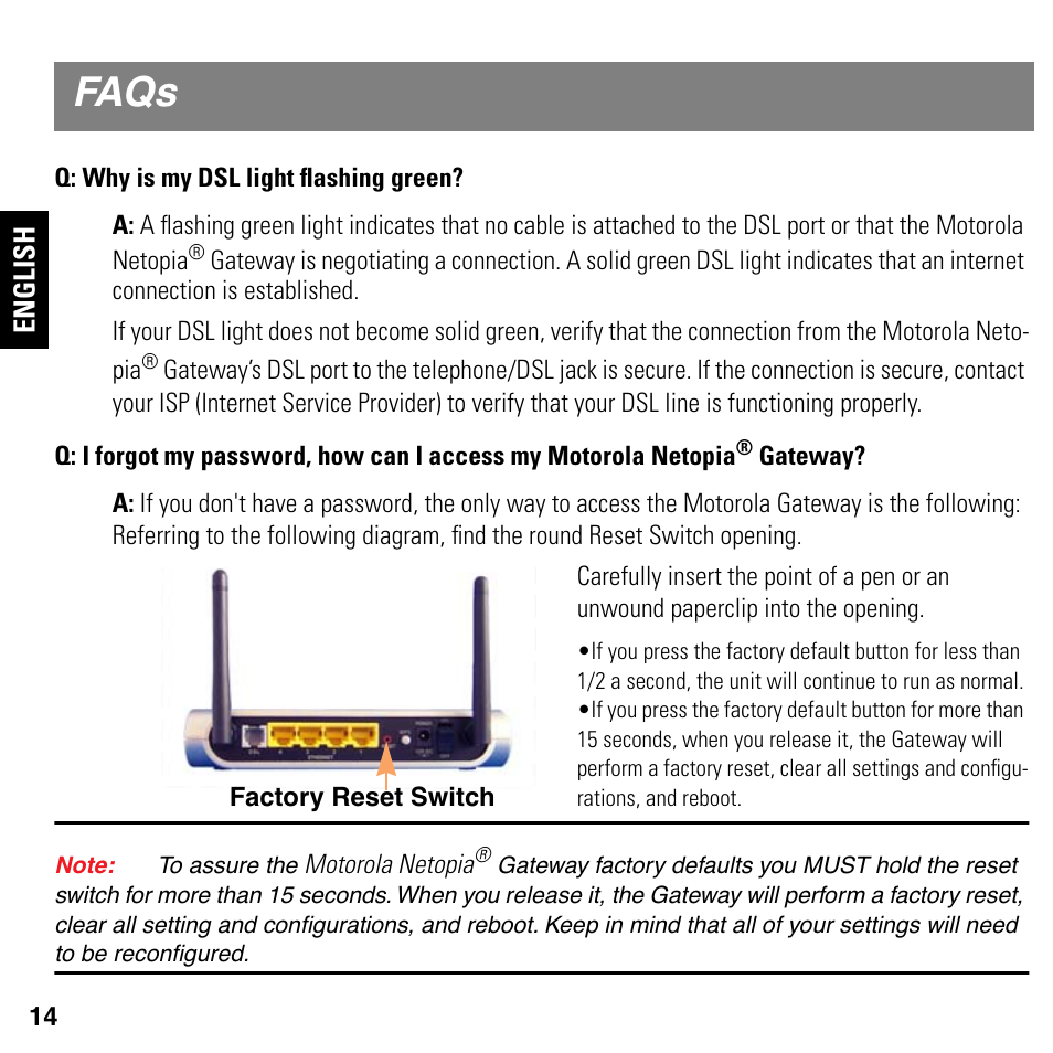 Faqs, Of this guide contain frequently | Motorola NETOPIA 2247/57-62 User Manual | Page 14 / 22